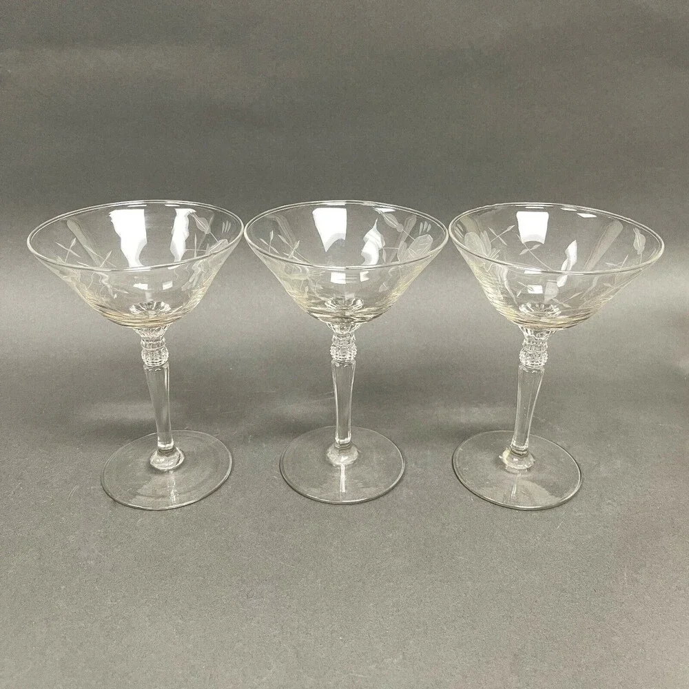 Vintage Wine Glass Glasses Clear Etched Roses Floral 6